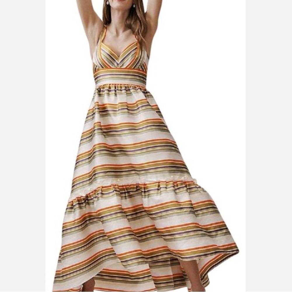 Jill Stuart x Anthropologie Sela Hi Lo 2/XS Green Purple Striped Taffeta Prom - Picture 12 of 15